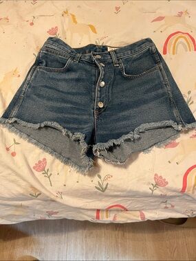 rag & bone Dark Blue Button-Front Frayed Hem Denim Shorts